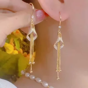 Elegant Long Tassel Earrings Geometric Rhombus Rhinestone Drop Earrings for Women