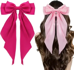 Elegant Luxury Pink Satin Bow Hairgrips Long Satin Ribbon Hairpin with Metal Girls’ Bow Hair Clips Accessories