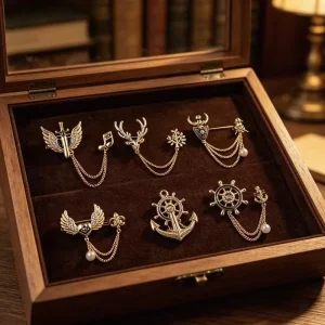 Elegant Men Rhinestone Brooch Alloy Chain Lapel Pin Shiny Clothing Accessory