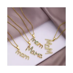 Elegant Mother’s Day Letter Necklace Women Stainless Steel Chain Hot Copper Mom Pendant Zirconia Jewelry