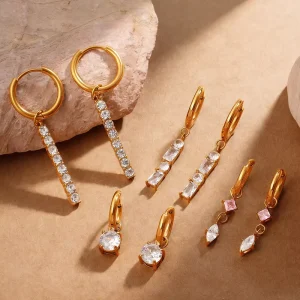 Elegant Multi Style Cubic Zirconia Dangle Huggie Hoop Earrings Set 316L Stainless Steel 18K Gold Plated Women Party Jewelry