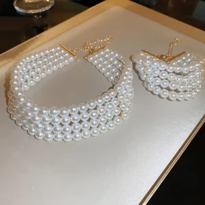 Elegant Multi-layer Pearl Beaded Necklace Bracelet French Retro Fashion Choker Chain Light Luxury Pearl Jewelry Set for Women