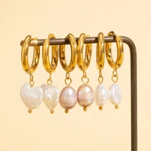 Elegant Natural Baroque Freshwater Pearl Huggie Hoop Earrings 18K Gold Heart Pink Oval Drop Dangle Dainty Bridal Jewelry Women