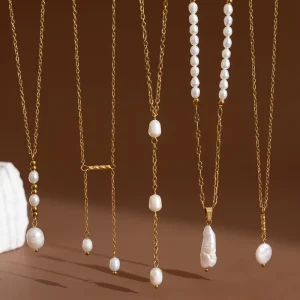 Elegant Natural Freshwater Pearl Baroque Beaded Choker Handmade Dainty Gold Chain Necklace Minimalist Daily Wear Jewelry