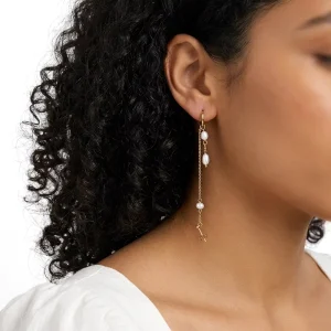 Elegant Natural Freshwater Pearl Charm Drop Long Chain Dangle Earring Stainless Steel Gold Plated Chain