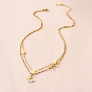 Elegant Ornament Double Layered Women Fashion Shell Stainless Steel 18K Gold Plated Vintage INS Style Butterfly Pendant Necklace