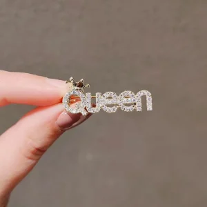 Elegant Overcoat Brooch Pin Jewelry Shiny Crystal Rhinestone Crown Letters QUEEN Brooches Women Clothing Accessories