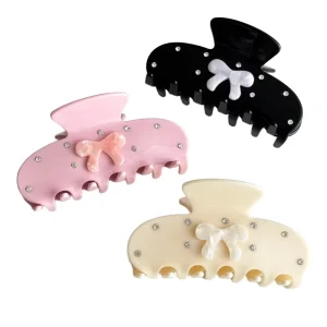 Elegant Pearl Bow Rhinestone Acetate Hair Claw Clip Sweet Large Shark Hair Grab Clip Fashion Women Daily Hair Accessories