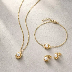 Elegant Pearl Jewelry Set 18K Gold Plated Stainless Steel Imitation Pearl Necklace Bracelet Earrings Waterproof Women Gift