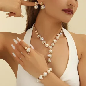 Elegant Pearl Necklace Earrings Bracelet Ring Combo Jewelry Set