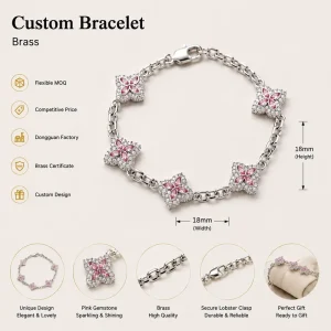 Elegant Pink Gemstone Floral Chain Bracelet Unique Design Fashion Jewelry for Women Brass Custom Gift