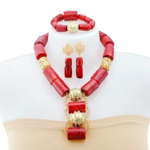 Elegant Red Coral Bead Jewelry Set Gold Plated Rose Design for African Wedding and Party Wear YL124