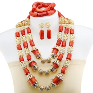 Elegant Red Coral Beaded Set African Bridal Necklace and Earring Set Suitable for Nigerian Traditional Events YL3119