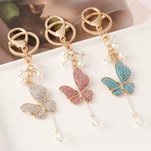 Elegant Rhinestone Butterfly Keychain Crystal Encrusted Butterfly Pendant Keyring with Gold Metal Hardware for Decoration Gift