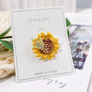 Elegant Rhinestone Golden Color Sunflower Brooch Pins 40mm Gold Plated Wedding Gift Crystal Flower