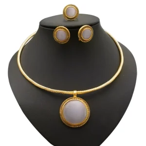 Elegant Round Cat Eye Stone Gold Jewelry Set Collar Necklace Earrings Ring Women Wedding Dress Jewelry Kit HN16112104