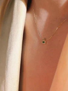 Elegant S925 Silver Green Zircon Pendant Necklace 925 Sterling Silver Square CZ Necklace