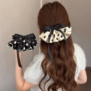 Elegant Satin Black White Polka Dot Bow Ribbon Hair Clips Minimal Back Head Hair Accessories for Daily Dress Matching