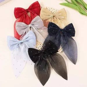 Elegant Sheer Mesh Bow Hair Clips With Rhinestone For Girls Kids Princess Hair Accessories Daily Wear