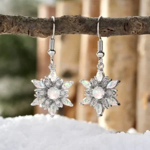 Elegant Snowflake Design Imitated Opal Hook Earrings Christmas Women’s Fashion Party Silver Plated Drop CZ Earrings
