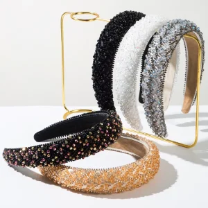 Elegant Solid Color Rhinestone Beads Women Headband Custom Suede Lining Logo Girl Hair Accessories