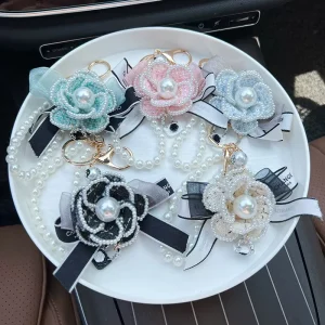 Elegant Tweed Camellia Flower Keychain with Pearl Wrist Strap Pearl Rhinestone Floral Bag Charm Bow Ribbon Key Ring