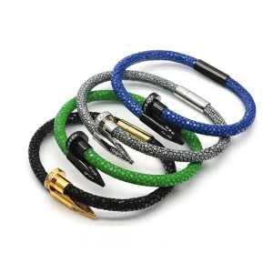 Elegant Unisex Christian Leather Diamond Inlaid Claw Setting Nail Shape Trendy Charm Bracelet Stainless Steel 18K Gold Plated