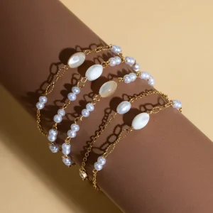 Elegant Vintage 18K Gold Plated Dainty Chain Bracelet with Pearl Charms Trendy Stacked Link Bracelet for Women Fashion Jewelry