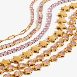 Elegant Vintage 18K Gold Plated Stainless Steel Women’s Jewelry Round Heart Shaped Charm Pink Tennis Zircon Bracelet