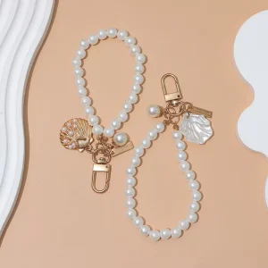 Elegant White Pearl Beaded Keychain Gold Tone Charm Various Styles Seashell Heart Design Fashionable Key Ring Bag Accessory DIY