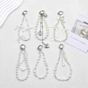 Elegant White Pearl Bow Heart Star Beaded Phone Chain Wrist Lanyard 2 in 1 Keychain Bag Charm for Women Girls
