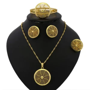 Elegant Wire Filigree Round Jewelry Set Gold Tone Necklace Earring Bracelet Ring Women Banquet Dress Jewelry HD19061102