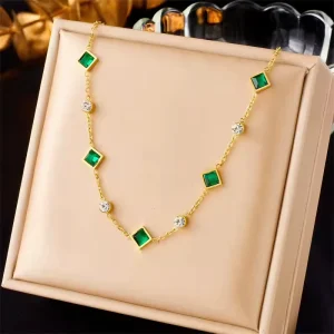 Elegant Women Jewelry and Accessories Luxury Green Zircon Pendant Gold Plated Stainless Steel Jewelry Chain Charm Necklace