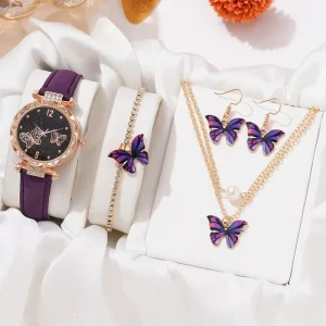 Elegant Women’s 5 Piece Alloy Jewellery Sets Including Watch Matching Necklace Earrings Bracelet Ring and Wristwatch Gift