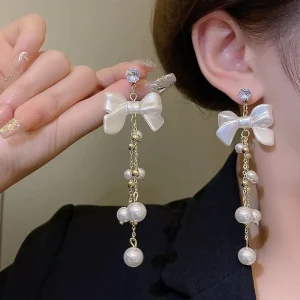 Elegant Women’s Fashion Drop Earrings with Pearl Bow Tassel Stylish Personality Jewelry