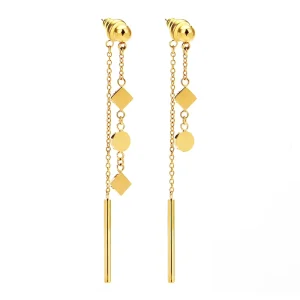 Elegant Women’s Gold Tone Stainless Steel Pentagram Round Plate Bead Chain Tassel Earrings Wedding Fashion Jewelry Gift