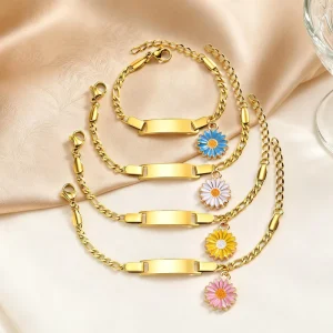 Elegant flower Shape Stainless Steel Bar Bracelet Personalized Name Date Laser Engraved 18K Gold Plated Jewelry Gift
