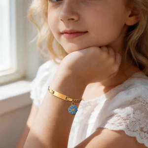 Elegant flower Shape Stainless Steel Bar Bracelet Personalized Name Date Laser Engraved 18K Gold Plated Jewelry Gift