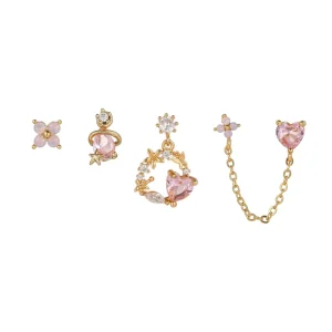 Elegant pink Zircon Heart Drop Earrings Sets Gold Plated Brass Earring Set for Women