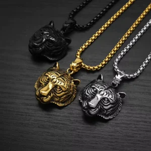 Embossed Tiger Head Charm Triple Black Gold Silver Hypoallergenic Stainless Steel Chain Masculine Streetwear Pendant MGXL475