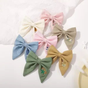 Embroidered Flower Hair Bows Clips Cute Bowknot Hairpin Linen Cotton Bowknot Children Hair Clip