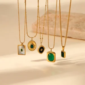 Emerald Gemstone Pendant Necklace, 18K Gold-Plated Stainless Steel, Waterproof Titanium Steel, REACH Certified
