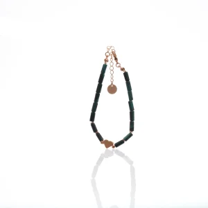 Emerald Green Jade Cylinder Beads & Gold Heart Charm Women’s Fashion Bracelet Real Gold Plated Jewelry