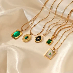 Emerald Green Stainless Steel Pendant Necklace, 18K Gold-Plated, Waterproof Titanium Steel, REACH Certified