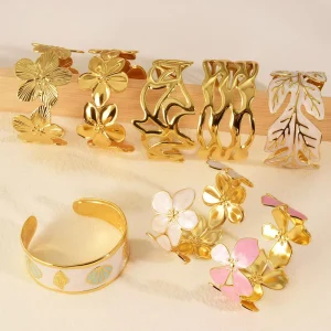 Enamel Bangle Bracelet for Women Gold Plated 304 Stainless Steel Open Cuff Flower Shell Starfish Fashion Jewelry