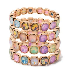 Enamel Beaded Stretch Bracelet 18K Gold Plated Colorful Crystal Elastic Stackable Bangle for Women