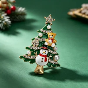 Enamel Christmas Tree Lapel Pin Snowman Teddy Bear Pearl Rhinestone Brooch Women Holiday Fashion Jewelry