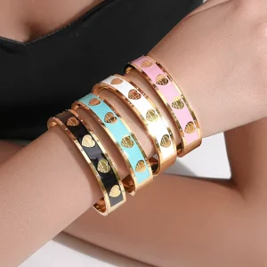 Enamel Colorful Heart Bangle Fashion Stainless Steel 18K Gold Plating Waterproof Open Bracelets Jewelry for Women