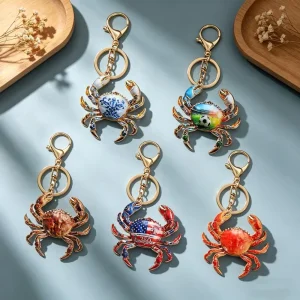 Enamel Crab Keychains Multi Pattern Blue and White Porcelain Soccer American Flag Realistic Crab Metal Key Ring Bag Charm
