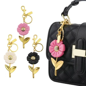 Enamel Flower Keychain Rhinestone Center Gold Tone Lobster Clasp Bag Charm Keychain